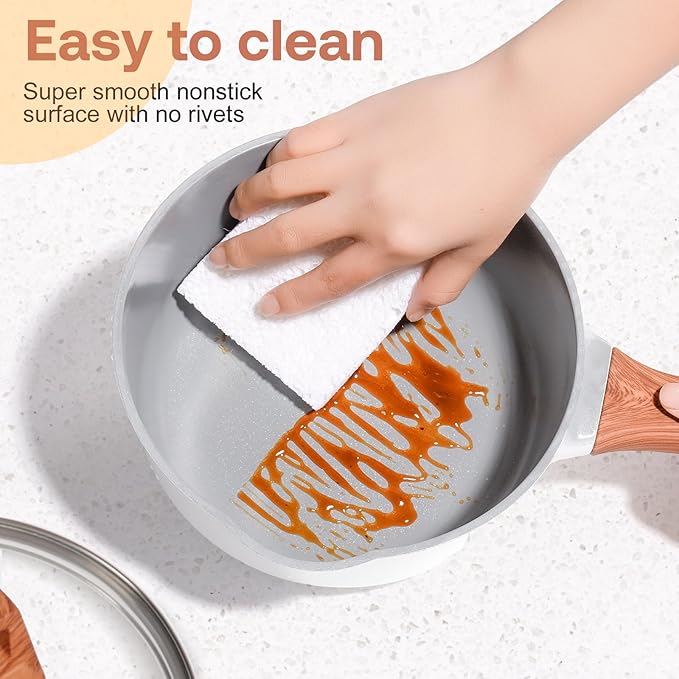 2 Quart Nonstick Sauce pan with Lid, Ceramic Sauce Pot for Cooking with Pour Spout, Small Cooking Pot with Handle for Stove, Induction, Gas, Non Toxic, PFOA Free (White, 1 PCS)