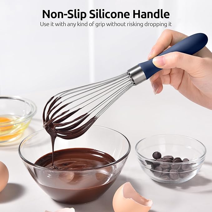 U-Taste 9" Small Egg Whisk: 18/10 Stainless Steel Kitchen Cooking Wire Balloon Wisk, Heavy Duty Metal Beater Stirrer, Manual Baking Tool with 6 Flex Wires for Mixing, Blending Sauce (Midnight Blue)