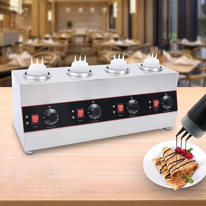 Electric Nacho Cheese Warmer Machine 4 Pot Commercial Hot Fudge Dispenser Stainless Steel Hot Chocolate Dispenser with 4 Sauce Squeeze Bottles for Cheese Caramel Jam Ketchup 640W (4 Pot)