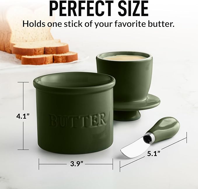 Zulay Kitchen Porcelain Butter Crock With Lid & Knife - Authentic French Butter Dish For Fresh & Spreadable Butter - Jade Green