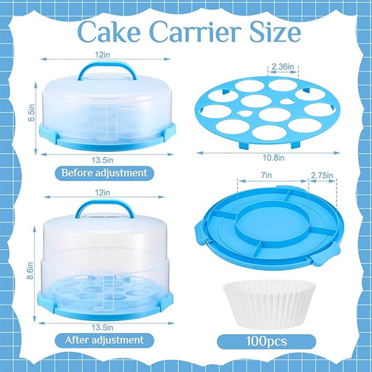 12 Inch Large Cake Carrier with Lid and Handle for 12" Round 7" High Cake Adjustable Plastic Pies Carrier Portable Cupcakes Transport Container for Cookies Pizza and More(Blue)