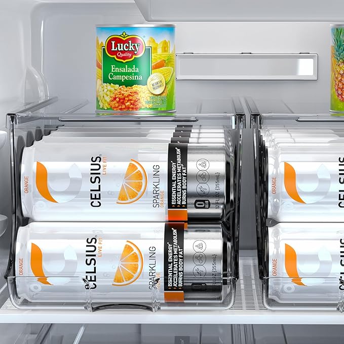 Skinny Can Organizer for Refrigerator, Stackable Tall Skinny Soda Pop Can Holder Dispenser with Lid for Fridge Pantry Rack Freezer, Clear Plastic Storage Bins-Holds 12 Slim Cans (See-through)