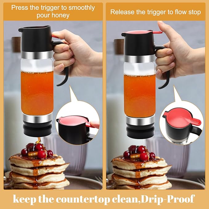 12 OZ Honey Dispenser No Drip with Stand,Extra Large Glass Syrup Dispenser with Clean Brush and Cloth, Easy One Hand Use Honey Jar Pot for Coffee Bar,Tea,Glass Syrup-Black