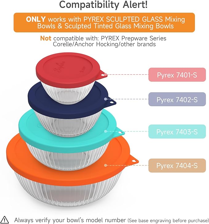 SOPHICO Silicone Replacement Lids for Pyrex Sculpted Glass & Tinted Glass Bowls Mixing Bowls(4 size)