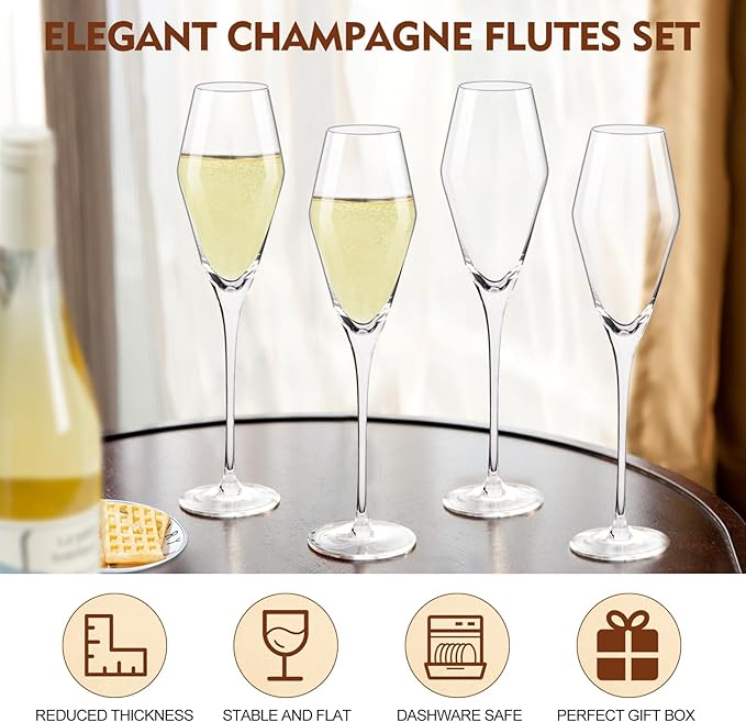Champagne Flutes Glasses Set of 2, 8.4 oz Hand Blown Crystal Wedding Flutes Glasses, Elegant Tulip Glasses - Ideal Gift for Wedding, Anniversary,Christmas Day (2 Count (Pack of 1))