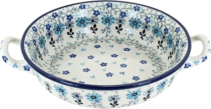 Blue Rose Polish Pottery - Blue Celeste Mini Casserole with Handles - 6.75" Diameter - Unique, Dishwasher Safe, & Durable Bakeware