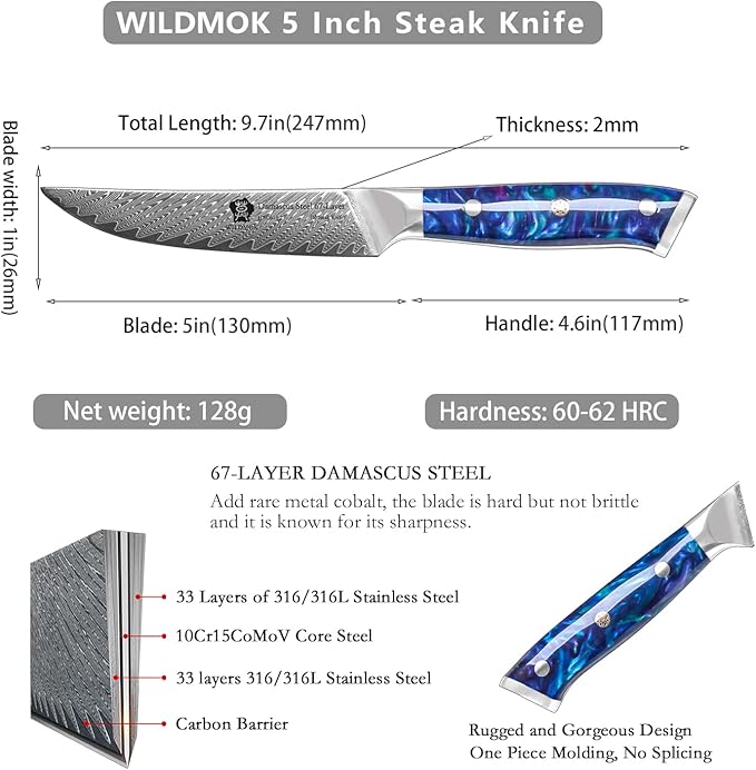 WILDMOK Steak Knives, 5 inch Non Serrated Steak Knife Set of 4, Japanese Damascus VG10 Steel Steak Knives,Premium Steak Knives Set with Gift Box