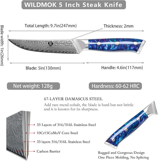 WILDMOK Steak Knives, 5 inch Non Serrated Steak Knife Set of 4, Japanese Damascus VG10 Steel Steak Knives,Premium Steak Knives Set with Gift Box