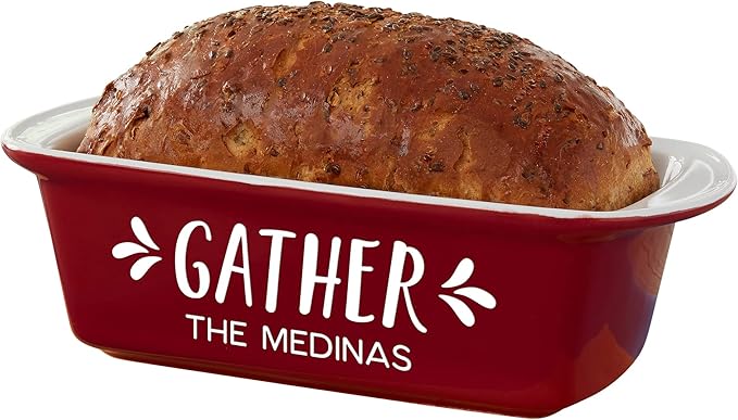 Personalization Universe Personalized Gather & Gobble Ceramic Loaf Pan, Hand-Glazed Stoneware Baking Dish for Homemade Bread, Meatloaf, 1.5 Quart Capacity, Oven Safe