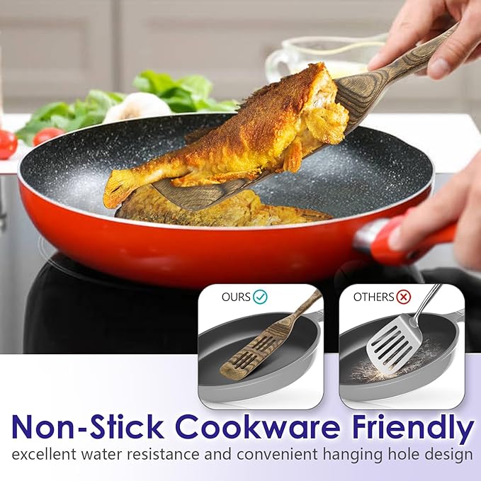 Kitchen 6-Piece Pakkawood Kitchen Utensil Set – Wooden Cooking Spoons with Slotted Spatula, Turner, Spaghetti Spoon & Fish Spurtle, Long Handle Design (Granite) by Howhong