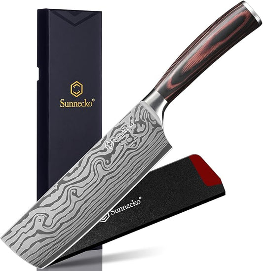 Sunnecko Nakiri Knife 7 inch,High Carbon Stainless Steel Cleaver Knife,Ultra Sharp Cooking Knives with Sheath and Gift Box for Family & Restaurant