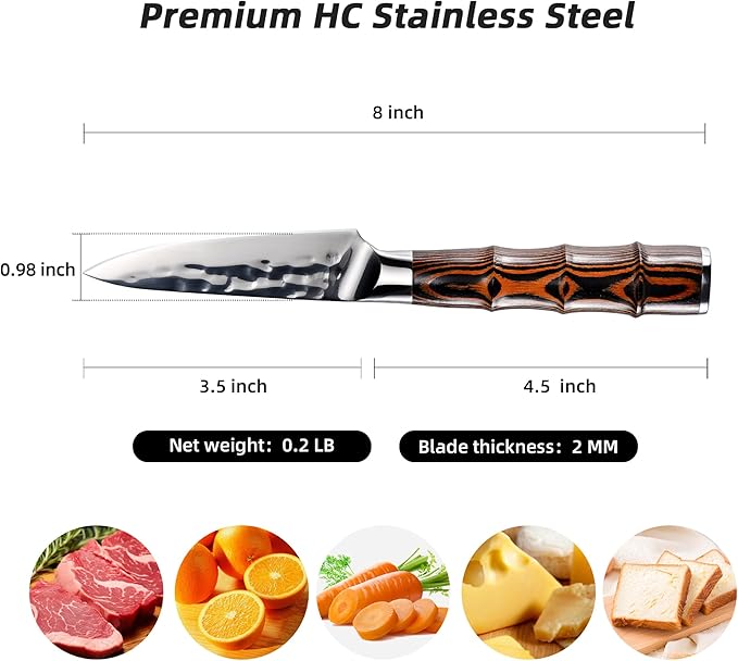 Kitory Paring Knife 3.5", Kitchen Peeling Knives, HC Stainless Steel, Hammered Ultra Sharp Peeler Blade, Bamboo Shape Handle Cooking Cutlery 2025 Gifts for Home & Restaurant