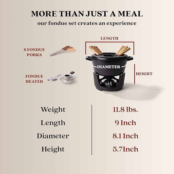 Alva Nori 2 Qt Cast Iron Fondue Set – Enameled, PFAS-Free Pot with Adjustable Burner & 8 Forks – For Cheese, Chocolate, Broth & Meat – Non-Toxic, Scratch-Resistant & Elegant Black Finish