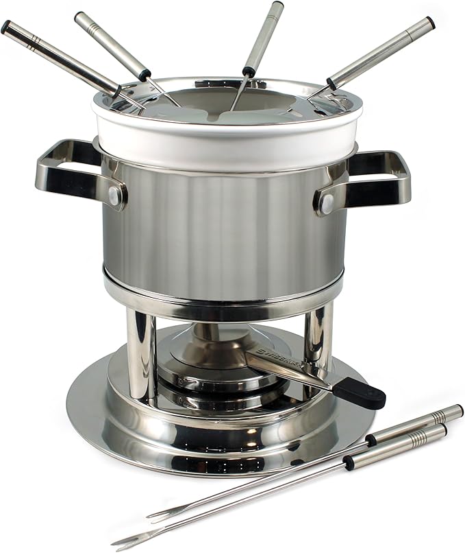 Swissmar Basel 11-Piece Stainless Steel 3-in-1 Fondue Set - Ideal for Melting Cheese, Chocolate, Butter, & More - Perfect for Kitchen Collection & Wedding Gift Giving - 1.6 Quarts / 1.5 Liter