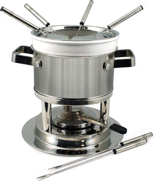 Swissmar Basel 11-Piece Stainless Steel 3-in-1 Fondue Set - Ideal for Melting Cheese, Chocolate, Butter, & More - Perfect for Kitchen Collection & Wedding Gift Giving - 1.6 Quarts / 1.5 Liter