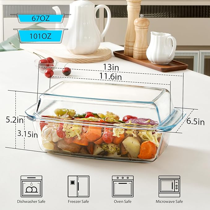 NUTRIUPS 3.0L Large Glass Baking Dish, Rectangular Glass Casserole Dish With Lid, Deep Bakeware for Oven Safe