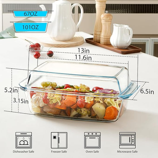 NUTRIUPS 3.0L Large Glass Baking Dish, Rectangular Glass Casserole Dish With Lid, Deep Bakeware for Oven Safe