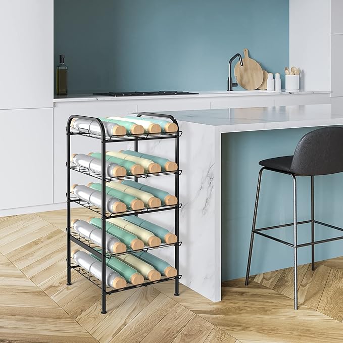 Water Bottle Organizer 5 Tier FreeStanding Water Bottle Storage Shelf Adjustable Water Bottle Holder Stand Metal Beverage Can Rack for Pantry Kitchen Party Black