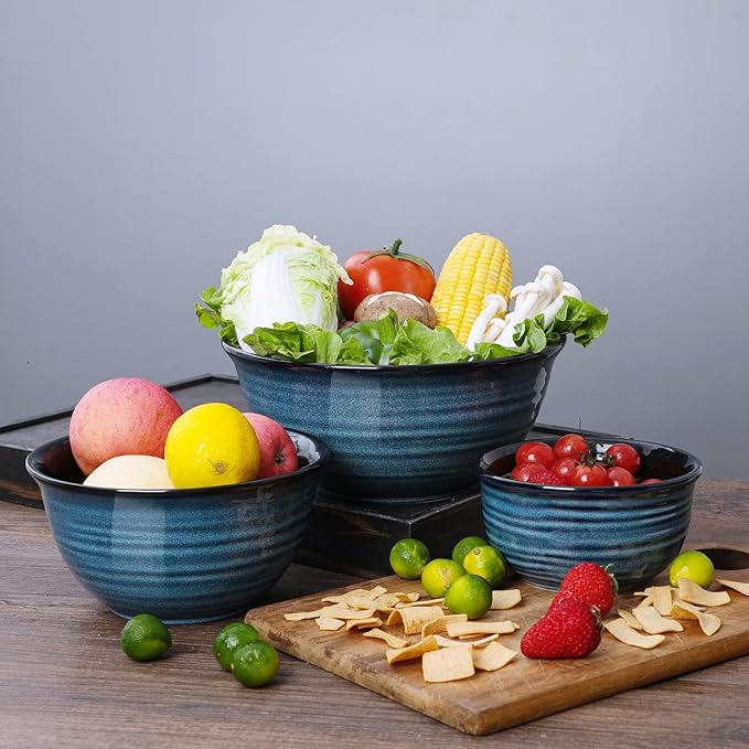 Ceramic Mixing Bowls, Tikooere Serving Bowls Set of 3 for Kitchen, Large Nesting Bowls for Cooking,Baking, Versatile Serving Dishes for Space Storage, 2.1/1.0/0.5 Qt, Dishwasher & Microwave Safe, Blue