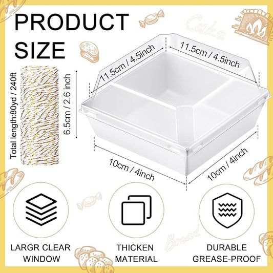 Ctosree 100 Pcs Paper Charcuterie Boxes with Clear Lids 4.5 Inches Disposable Cake Square Dessert Container Bakery Boxes Bundle with Rope for Food Cake Slice Cookie Sandwich Dessert(White)