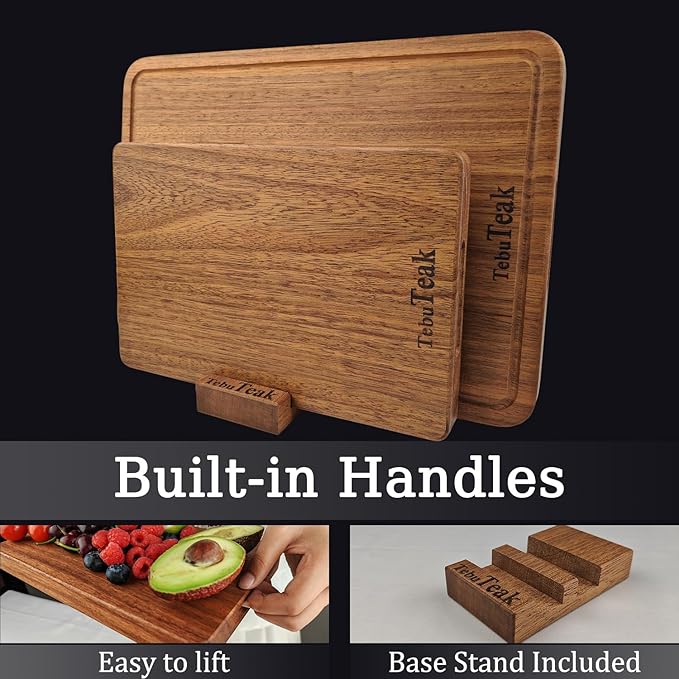 Solid Teak Wood Cutting Board Set - Single/One Piece Design Wooden Choping Boards Non Glued Knife-Friendly Durable Chopping Block for Kitchen Meat 15.8 x 11 IN & 12 x 8 IN (Includes Stand)