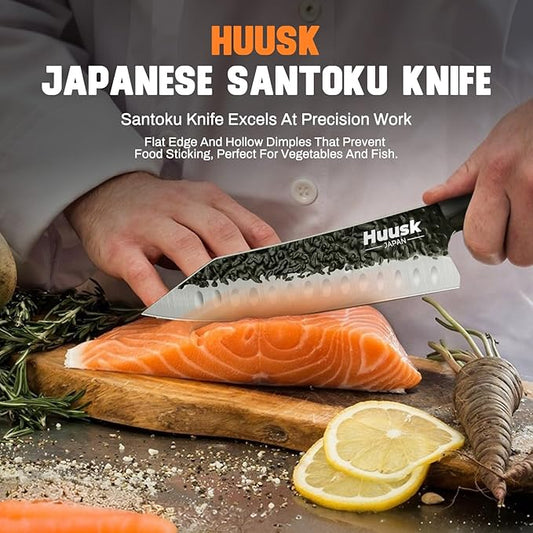 Huusk Knives from Japan Santoku knife - Hand Forged Chef Knife for Meat Cutting - Ideal Kitchen Knife Made From a Single Piece of High Carbon Steel - Full Tang Wooden Handle - Viking Gift for Men