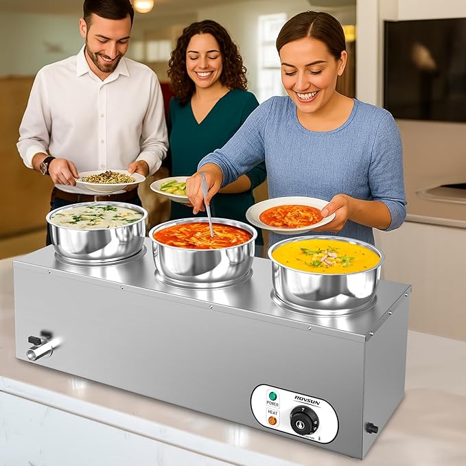 ROVSUN 22QT Commercial Soup Warmer, Electric Food Warmer Steam Table, 1200W Countertop Bain Marie with Three 7.4QT Pots, 86~185°F Adjustable Temperature, Lid and Tap for Buffet Restaurant