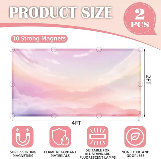 2 Pcs Fluorescent Light Covers - 4 x 2 Feet Covers for Ceiling Lights, Magnetic Light Filters for Classroom, Office, Hospitals, Home (Pink - Sky)