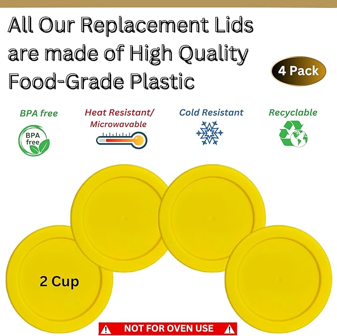 2 Cup/470 mL Yellow Replacement Lids/Covers for Pyrex 7200-PC, 2 Cup/16oz Anchor Hocking & Klare Ware Storage Bowls *Lids Only* - *Glass Container Not Included* (4 Pack, Yellow)