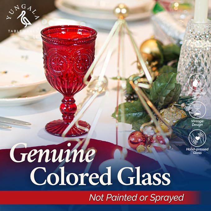 Yungala Red Goblets, Set of 6 Hand Crafted Red Colored Wine Glasses for lovers of red glassware, perfect for Valentines Day or Christmas Wine Glasses