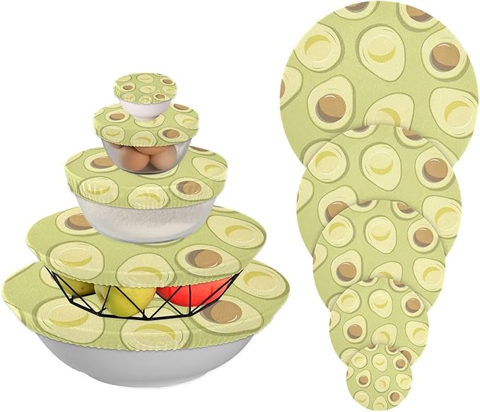 5 Pcs Bowl Covers Reusable in 5 Size Elastic Food Cover Cloth Lids Fresh Keeping Dish Cookware Bakeware Fabric Covers Lids for Food Leftovers Fruits Storage Green Avocado Fruit