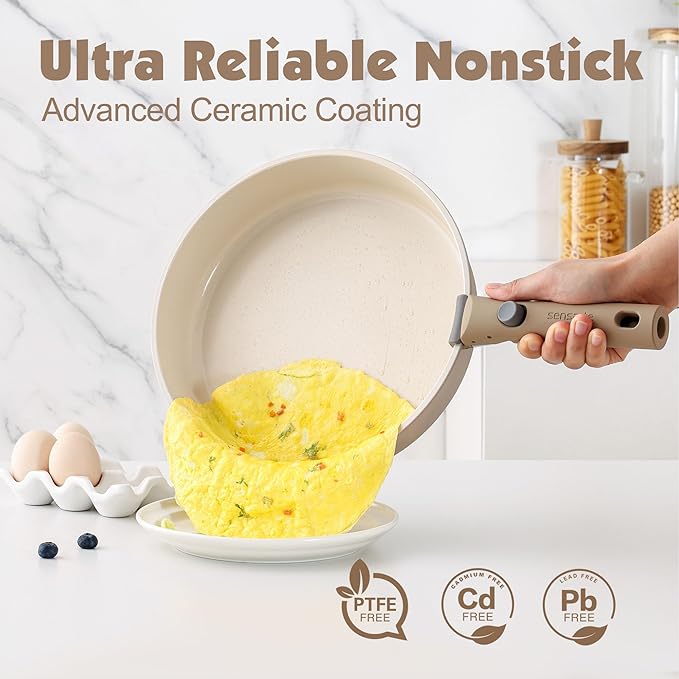 SENSARTE 17 Piece Ceramic Pots and Pans Set, Nonstick Detachable Handle Cookware, Induction Kitchen Cookware Set with Removable Handle, Dishwasher & Oven Safe (Almond Beige)