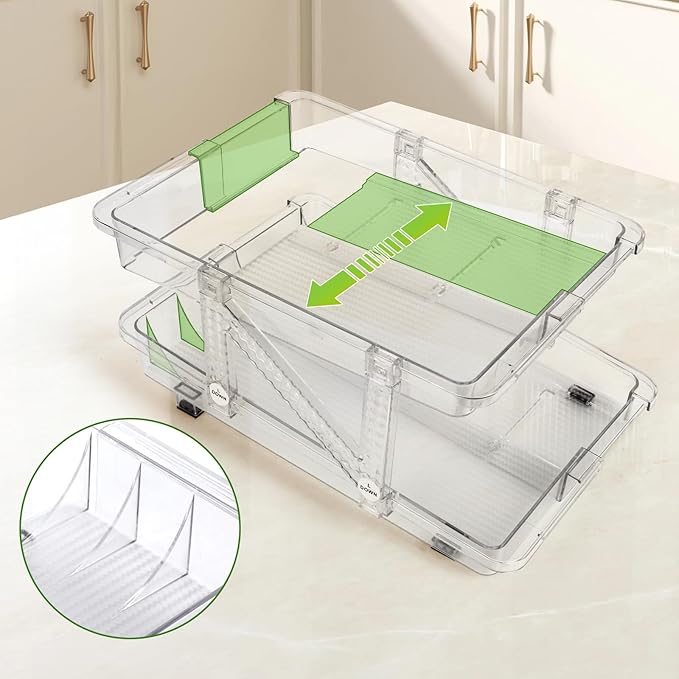 2 Pack Drink Organizer for Refrigerator, Soda Can Dispenser, Adjustable Width Canned Food Pop Cans Container Beverage Holder for Fridge Organizing, Clear Plastic Storage Bins