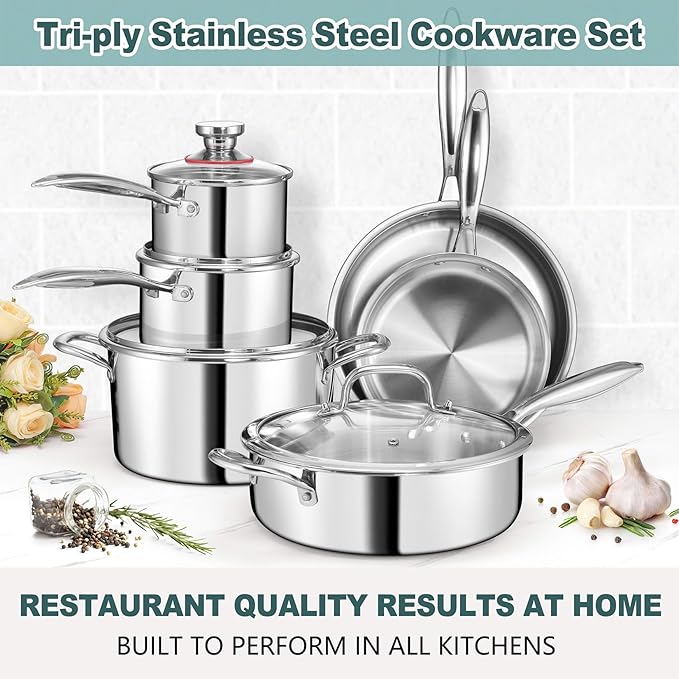 P&P CHEF 10 Pcs Pots and Pans Set, Stainless Steel Cookware Sets for Kitchen, Induction Cookware Non-toxic Kitchen Cooking Set w/Fry Pans, Saucepans, Stockpot, Saute Pan, Dishwasher Safe