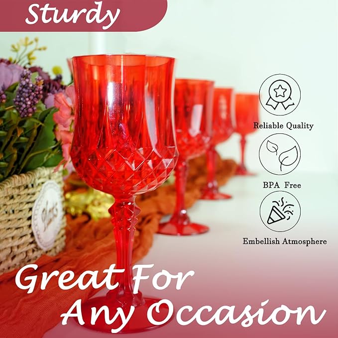 Plastic Wine Glasses,Plastic Goblets Vintage Style Cordial Drinking Glasses for Wedding Reception, Christmas Grand Event Party Supplies (12, Red)