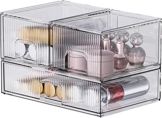ZHIAI 3 Pack Clear Stackable Cosmetic Organizer with Acrylic Drawers for Cosmetics and Small Items for Dresser, Vanity, Kitchen Cabinet, Pantry, Home Organization and Storage