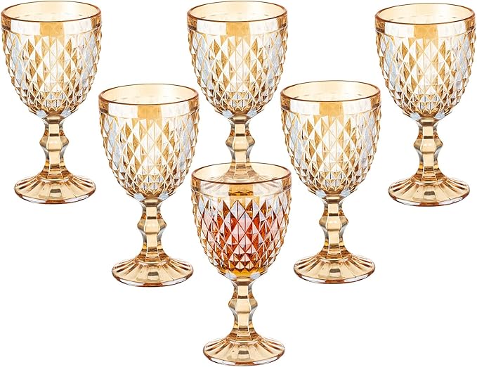 Vintage Wine Glasses Set of 6, 10 Ounce Colored Glass Water Goblets, Unique Embossed Pattern High Clear Stemmed Glassware Wedding Party Bar Glass Drinking Cups Diamond Amber