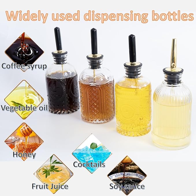 Syrup Dispenser Bottles Set,4 pcs 7oz Glass Coffee Syrup Bottle,Coffee Bar Accessories with Metal Pour Spout Ideal and labels for Coffee Syrups,Coffee bar