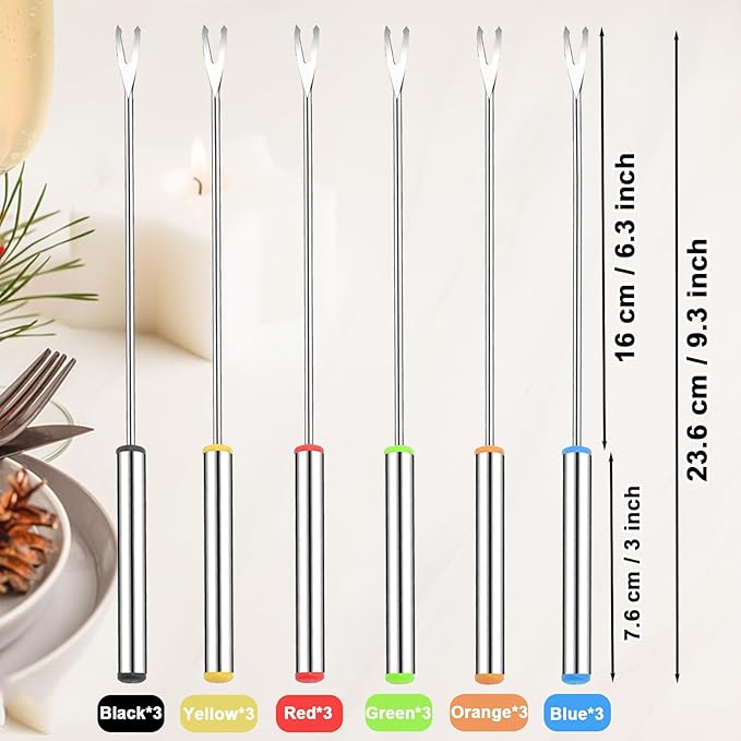 18 PCS Fondue Forks Stainless Steel,9.3 Inches Cheese Fondue Sticks with Heat Resistant Handle,Color Coding Fondue Fork Smores Sticks for Cheese Chocolate Roast Marshmallows Dessert Meat