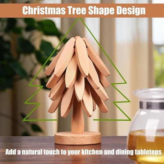 Wooden Trivets for Hot Dishes, Tree Shape Trivet Set, Foldable Kitchen Wooden Trivets, Tree Coaster for Hot Dishes、Pot、Bowl、teapot、hot Pot Holders (4 Piece-Original Wood)