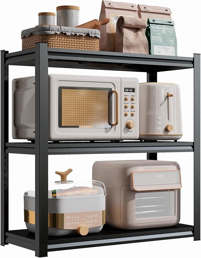 1500 LBS Heavy Duty Black Steel 3-Tier Kitchen Organizer - Waterproof, Adjustable, Multi-Functional Microwave/Oven Rack, Black