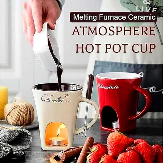 Chocolate Melting Mug Cheese Candy Mini Fondue Pot With Forks (Red)