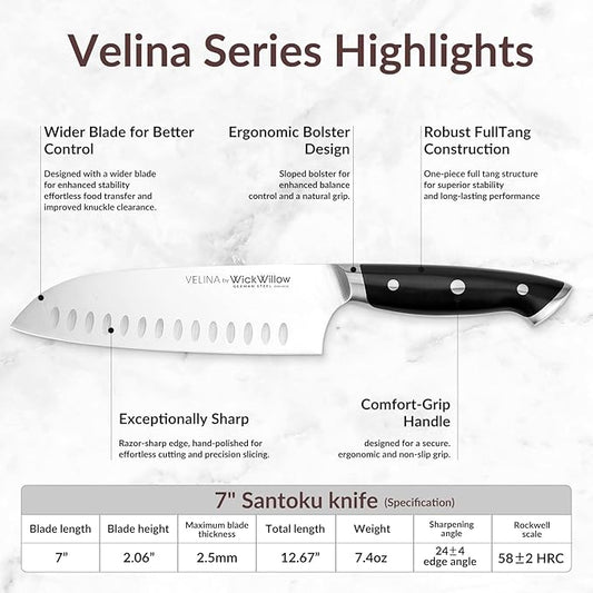 7” Santoku Knife – Razor Sharp German Steel DIN1.4116 – Japanese-Style Vegetable Knife for Chopping, Slicing & Mincing – Full Tang & Ergonomic Handle – Chefs kitchen Knife – Gift Box – Velina series