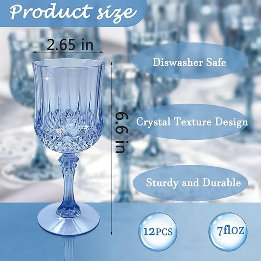 Plastic Wine Glasses,Plastic Goblets Vintage Style Cordial Drinking Glasses for Wedding Reception, Grand Event Party Supplies (12, Blue)