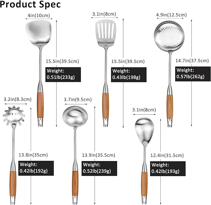18/10 Stainless Steel Kitchen Utensils Set 6 Pcs Cooking Utensil with Wood Handle, 15.5” Long Spatula, Soup spoon, Leaking shovel, Spaghetti Spoon Kitchen Tools Set (Wood handle - 6 Piece)