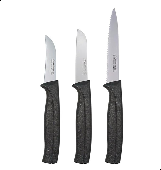 Paring Knife Set, MATTSTONE HILL Kitchen Knife Set - 4" Serrated Utility, 3" Fruit and Vegetable Knife, 2.5" Peeling Knife, Premium Stainless Steel, Semi Soft Handle, Black