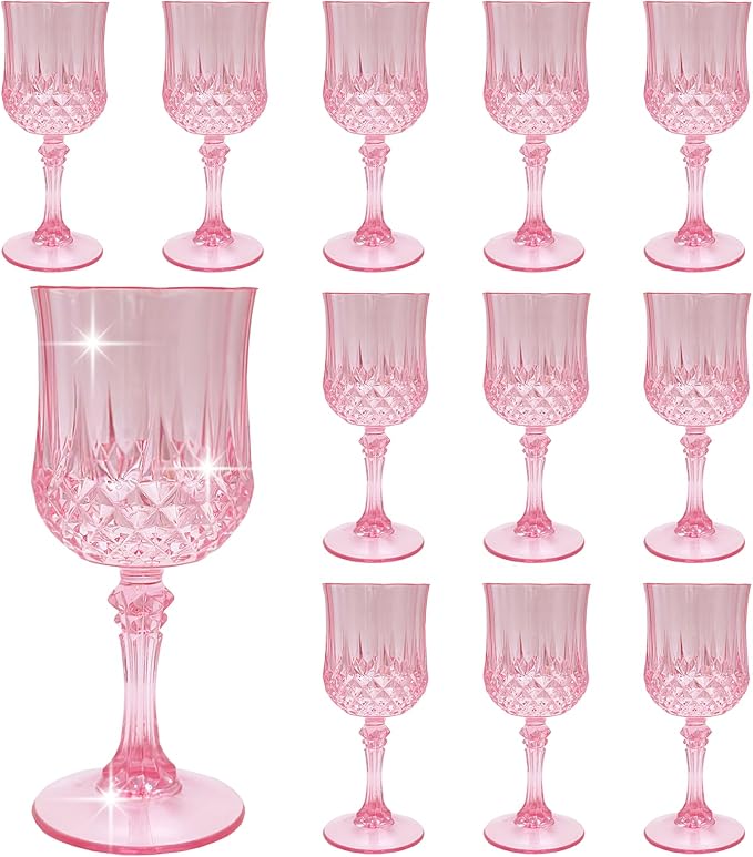 Plastic Wine Glasses,Plastic Goblets Vintage Style Cordial Drinking Glasses for Wedding Reception, Grand Event Party Supplies (12, Pink)