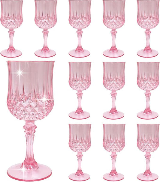 Plastic Wine Glasses,Plastic Goblets Vintage Style Cordial Drinking Glasses for Wedding Reception, Grand Event Party Supplies (12, Pink)