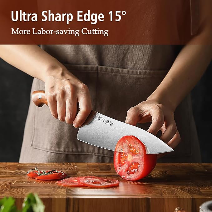 HEZHEN Pro Chefs Knives 8.3 Inch,High Carbon German 1.4116 Steel,Stainless Steel Rivets with Red Wood Handle,Razor Sharp,Super Edge,with Woodern Knife Sheath