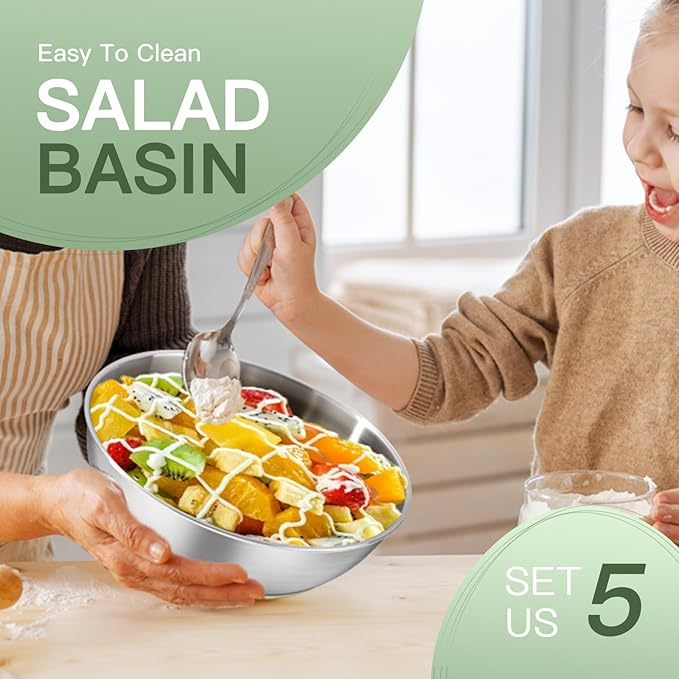 Stainless Steel Mixing Bowl Set - High - Quality, Durable and Rust - Resistant for Baking, Cooking, and Salad Making,Kitchen meal preparation,Great for Mixing & Serving,Anti slip silicone rubber base